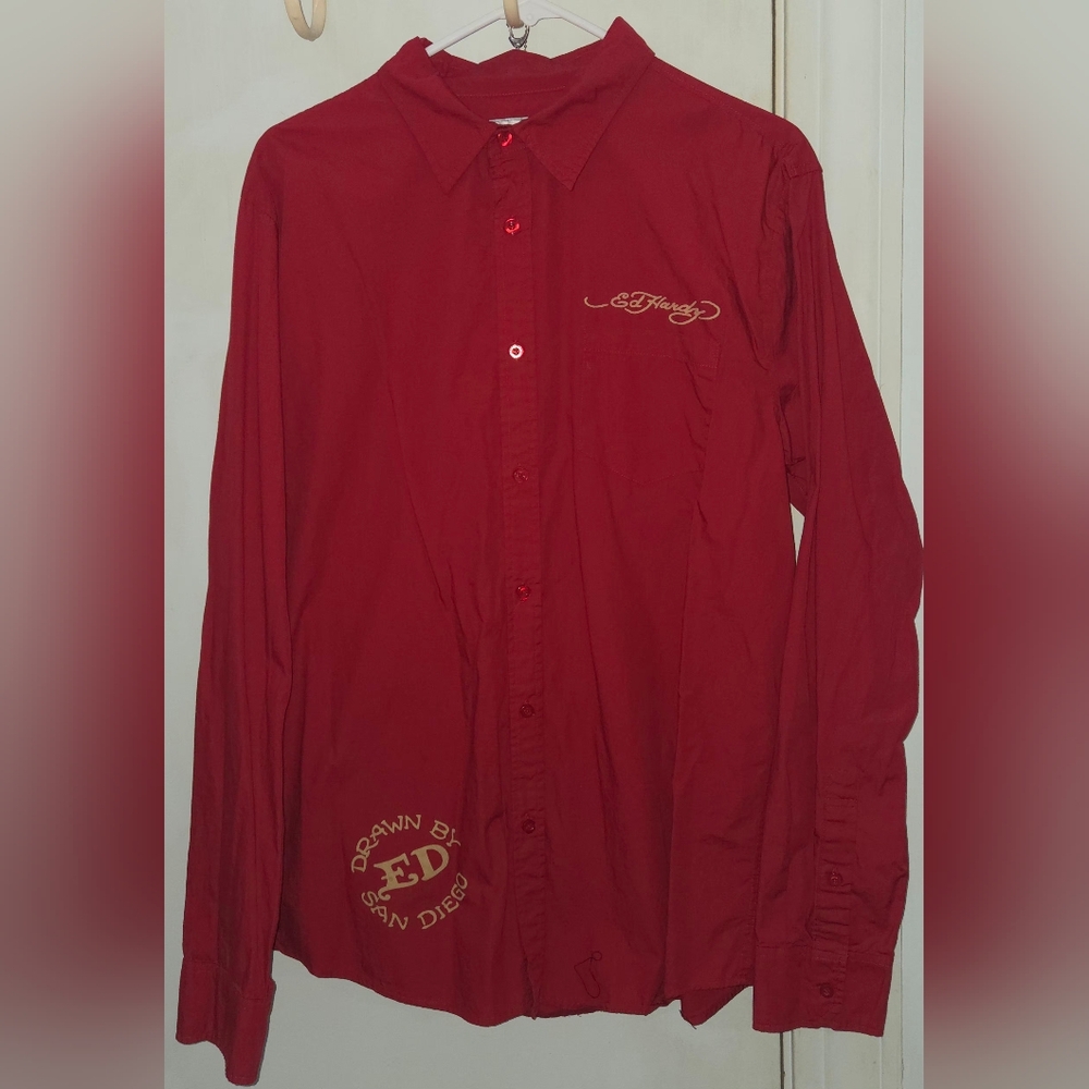 VINTAGE ED HARDY RED BUTTON DOWN SHIRT. MENS (L) DEAD OR ALIVE BLING ☆RARE☆ - Picture 3 of 9